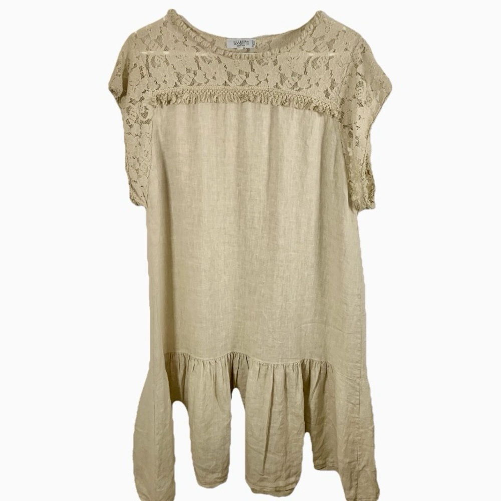 Allegra Masetti Firenze‎ Mini Dress Sz XL Linen Lace Fringe Khaki Beachy Italy